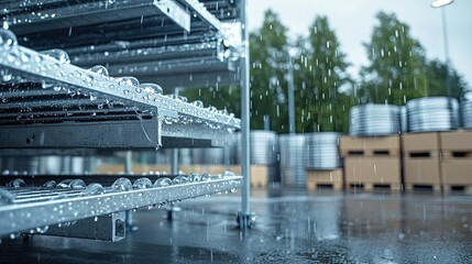 Fototapeta premium Close-up view of stacked steel beams featuring water droplets, highlighting texture and depth against a dark gray backdrop