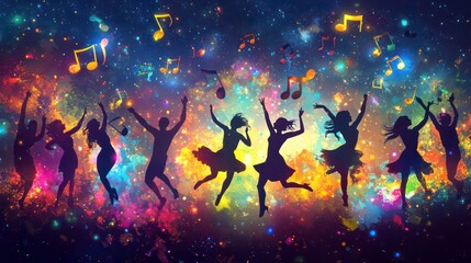 People dancing in space, music party, cosmic background, party atmosphere, for social media post