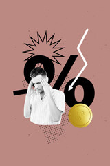 Trend image vertical photo collage of puzzled man hold head bankrupt problem arrow recession dollar...