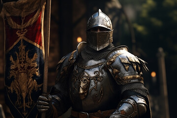 Fototapeta premium Majestic Medieval Knight in Full Armor on Horseback, Ready for Battle with Sword and Shield – A Powerful Symbol of Chivalry and Honor from the Middle Ages. Historic. Book. 