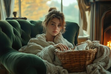 A young woman relaxes in a cozy armchair, wrapped in a warm knit cardigan near a fireplace.