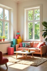 Bright and Airy Living Room Decor with Colorful Accents and Soft Peach Sofa