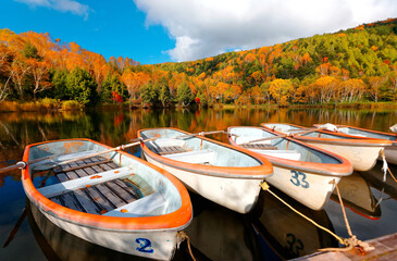 Fall scenery of row boats parking on Lake Kido Ike and colorful foliage of the forests on the...