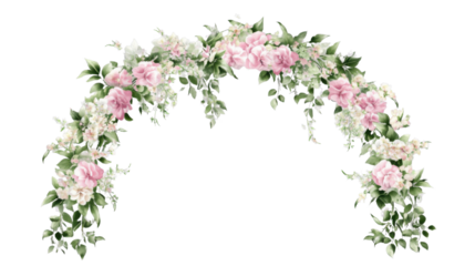 Garland of pink and white flowers creating an arch on transparent background