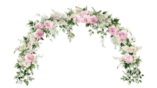 Garland of pink and white flowers creating an arch on transparent background