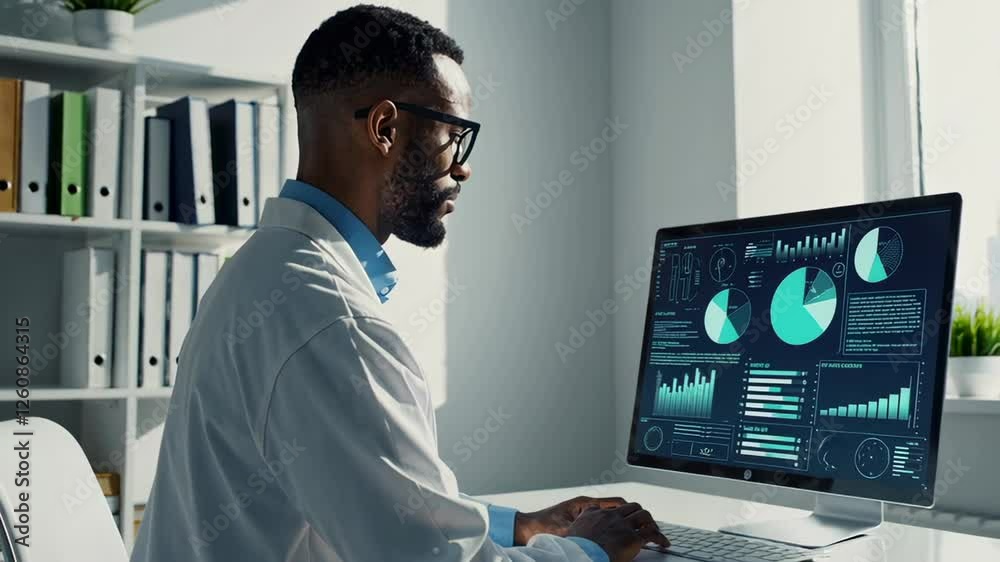 Aufkleber professional medical scientist wearing lab coat analyzing data charts and diagrams displayed on comp