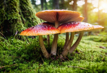 Fototapeta premium Giant mushrooms with glowing caps in a mystical, vibrant forest, very detailed, full 8k wide focus, extreme macro, illustration, magic forest