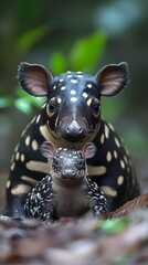 Fototapeta premium Adorable Baby and Mother South American Tapir Duo in Lush Rainforest Habitat