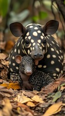 Obraz premium Adorable Baby and Mother Malayan Tapir Duo in Forest Leaf Litter