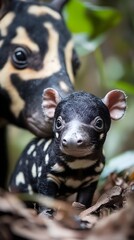 Adorable Baby Tapir and Mother in Lush Green Rainforest Habitat