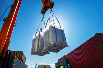 Crane lifting bulk bags in a sunny port with dock workers