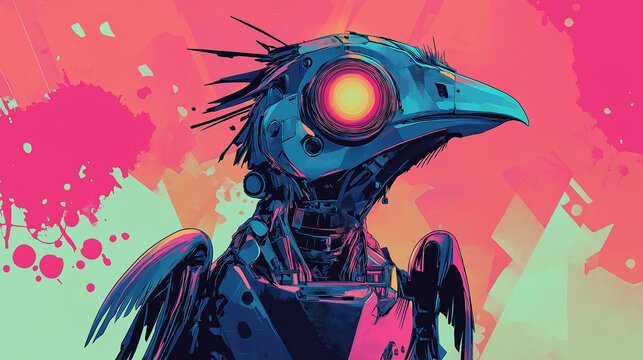 Pop art concept robotic birdl with illuminated eyes and dynamic angles. Colorful background in pop art retro comic style. 