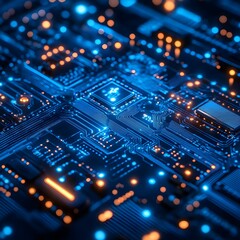 Obraz premium High Tech Circuit Board Close up Illuminated Microchips and Electronic Components