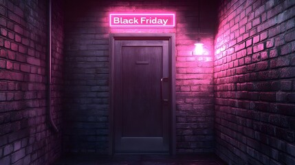 Fototapeta premium Mysterious Black Friday Sale Entrance Neon Sign Brick Wall Doorway