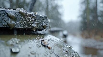 Fototapeta premium Snowfall on military vehicle, forest road, winter