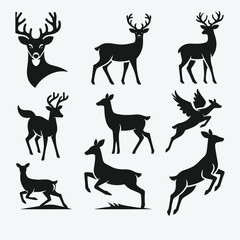 Simple Deer Silhouettes on White Background Digital Clipart
