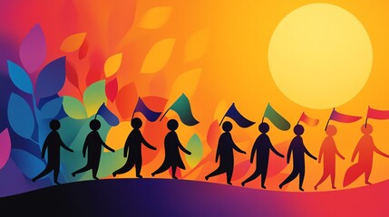 Fototapeta premium People marching with flags under a sunset.