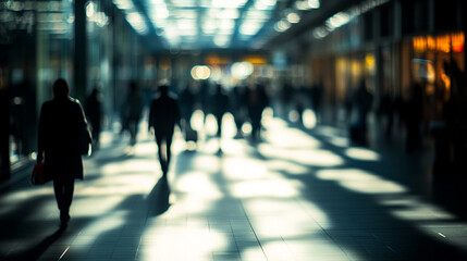 Busy urban scene with silhouettes of people walking in a modern building during the day