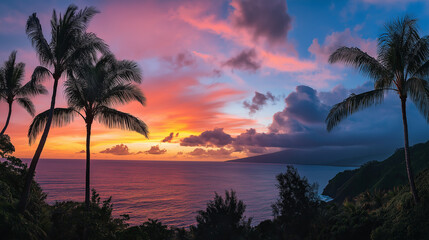 A stunning sunset scene captures the kaleidoscope of colors reflecting over tranquil ocean waters, framed by lush palm trees, evoking feelings of peace and relaxation.