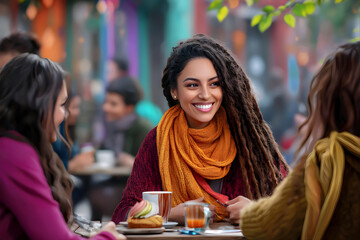 Young african female enjoying coffee with friends outdoors in cozy urban setting, Women's Day, girl power