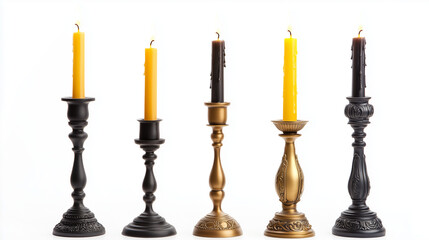 set of 4 candles with metal bases isolated on white background