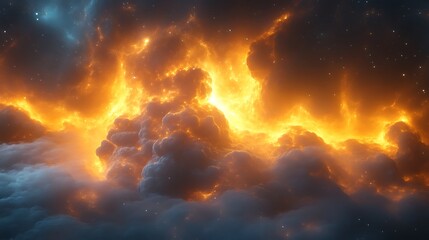 Fiery Cosmic Cloudscape Glowing Brightly In Space