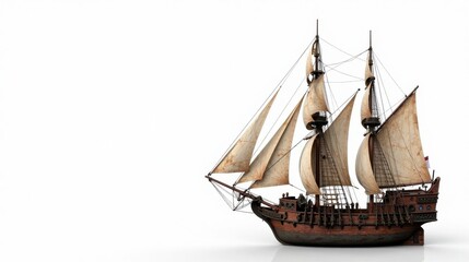 Obraz premium A Majestic Galleon Ship with Full Sails Set Against a Pristine White Background