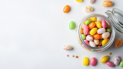 a glass jar filled with jelly beans and Easter candies, sweet holiday treat, isolated on white background