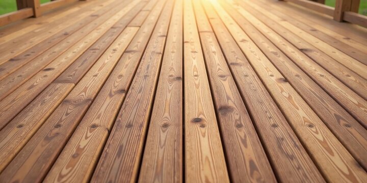 Warm-toned wooden deck planks arranged in parallel lines, extending towards a bright sunlit horizon, showcasing the natural grain and texture of the wood