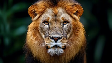 Fototapeta premium Majestic lion portrait, jungle backdrop, wildlife photography, nature documentary