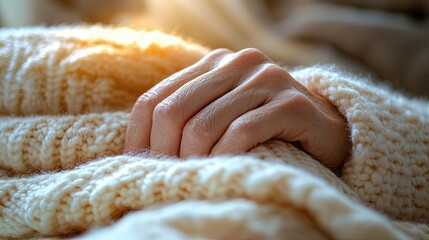 Gentle hand resting on a cozy knitted blanket during a warm afternoon indoors