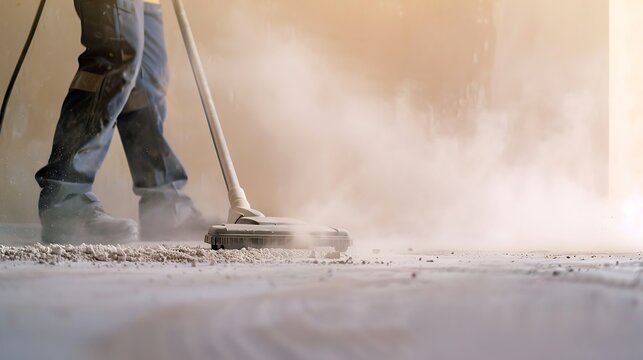 Worker cleaning the floor with a mop at the construction site