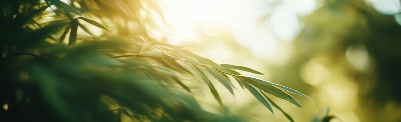 A closeup of a green field with sunlight shining through trees