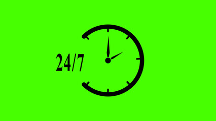 24 hours 7 days clock timer icon ,All time service concept watch on green background.