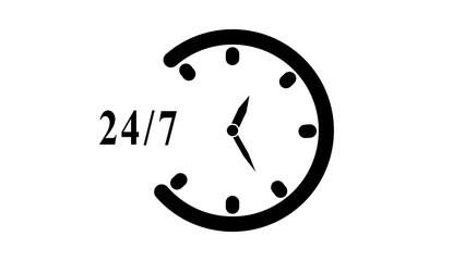 24/7 clock icon, 24 hours a day Service is open, all time service concept, analog clock icon on white background.