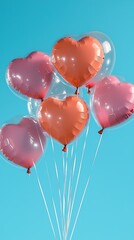 Colorful heart-shaped balloons floating against a bright blue sky create a cheerful atmosphere perfect for celebrations and special occasions