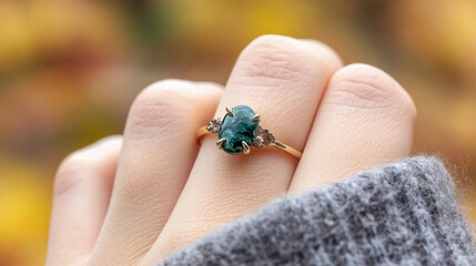 Elegant oval gemstone ring on finger, set against a soft, blurred autumnal backdrop. Fine jewelry, fashion statement, nature-inspired design.