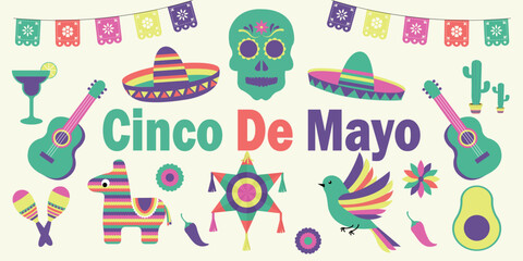 Cinco de mayo design with pinata, sombrero, chili peppers, margarita glass, avocado, skull, cactus, Parrot, guitar