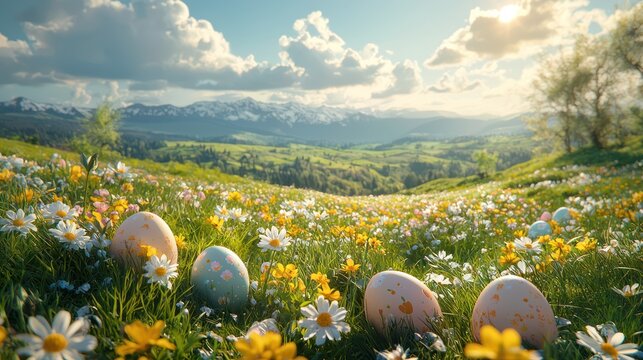 A peaceful countryside with rolling green hills, blooming wildflowers, and pastel Easter eggs hidden among the grass.