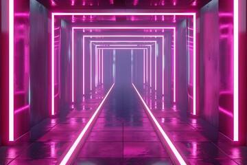 Futuristic dark corridor with neon lights, 3d rendering background