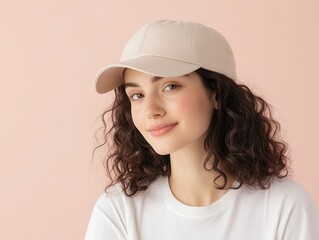 Fototapeta premium Baseball cap mockup concept. A smiling woman with curly hair wears a beige cap against a soft pink background, exuding a casual and trendy vibe.