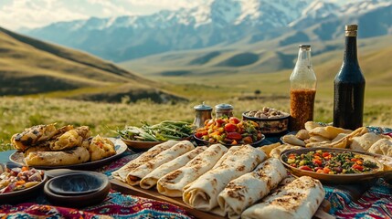 Mountain picnic Delicious food, scenic view, relaxing outdoors, travel adventure