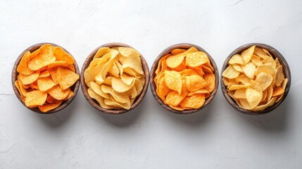 A delightful spread of various potato chips in vibrant hues is laid out in rustic bowls, inviting snack lovers to indulge in crispy flavors at a casual gathering with friends