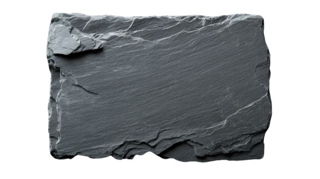 Rectangular black slate stone showing rough texture on transparent background
