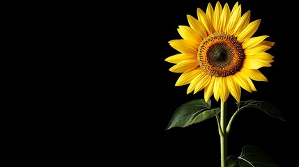 Fototapeta premium Photo of a single sunflower on a black background, side view with copy space area for text or message on the right