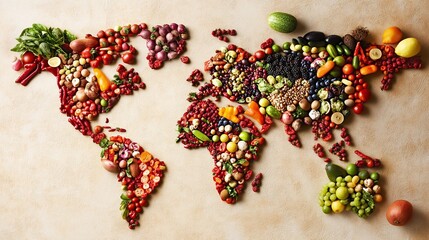 Global food map, diverse produce, beige background, healthy eating concept