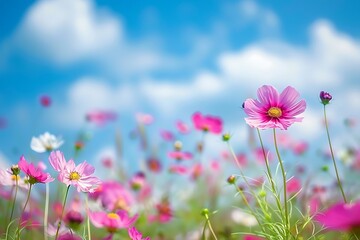 Fototapeta premium Cosmos flowers field with blue sky and white clouds in summer.