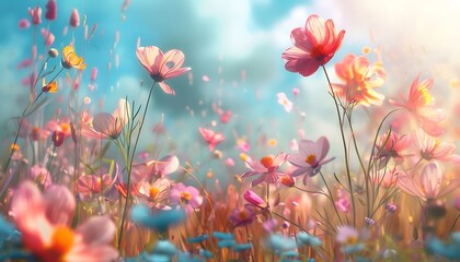 Obraz premium Cosmos flowers field with blue sky and white clouds in summer.