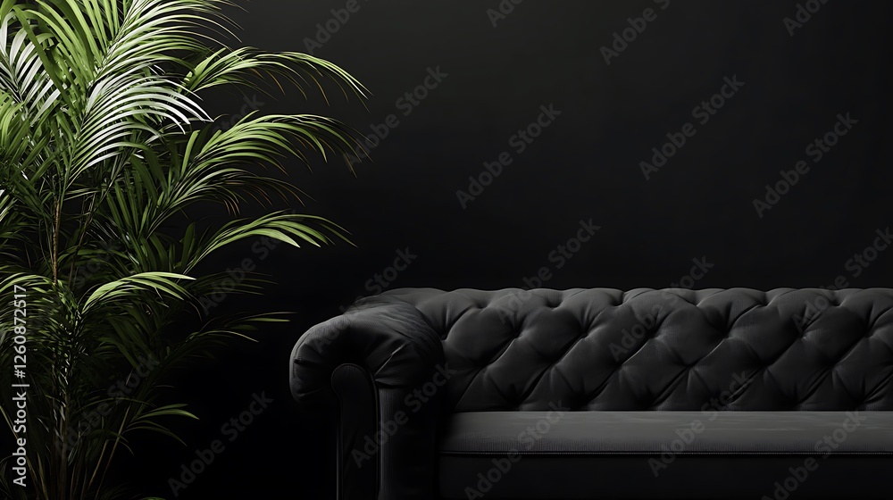 Poster Dark room interior with black sofa and palm plant.