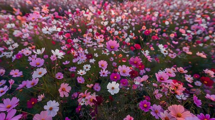 Obraz premium Cosmos flowers field with blue sky and white clouds in summer.